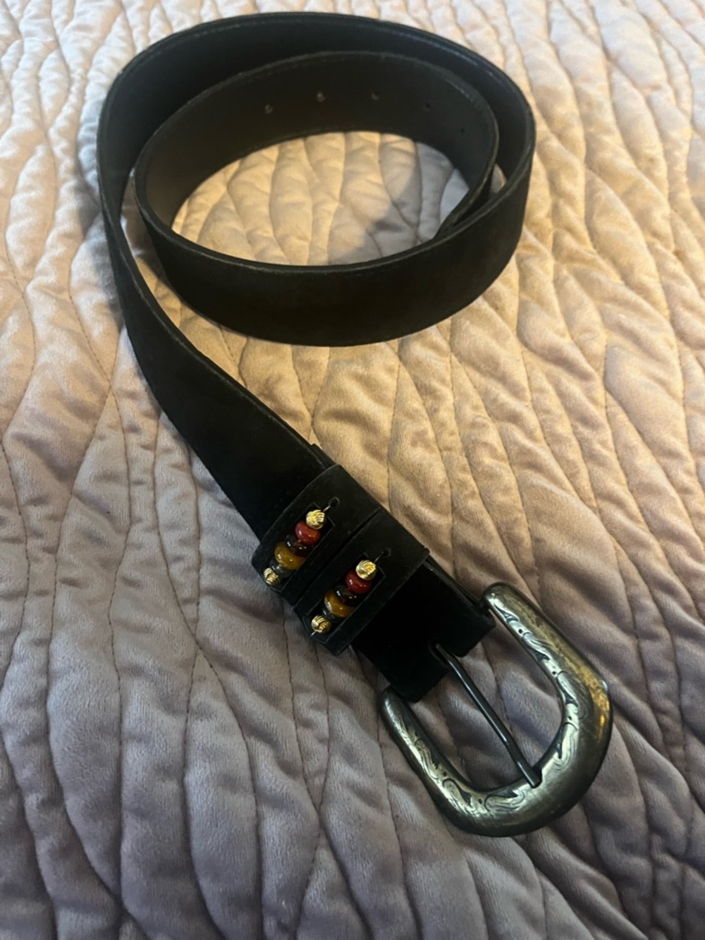 Black Leather Women’s Belt with Decorative Bead Accents